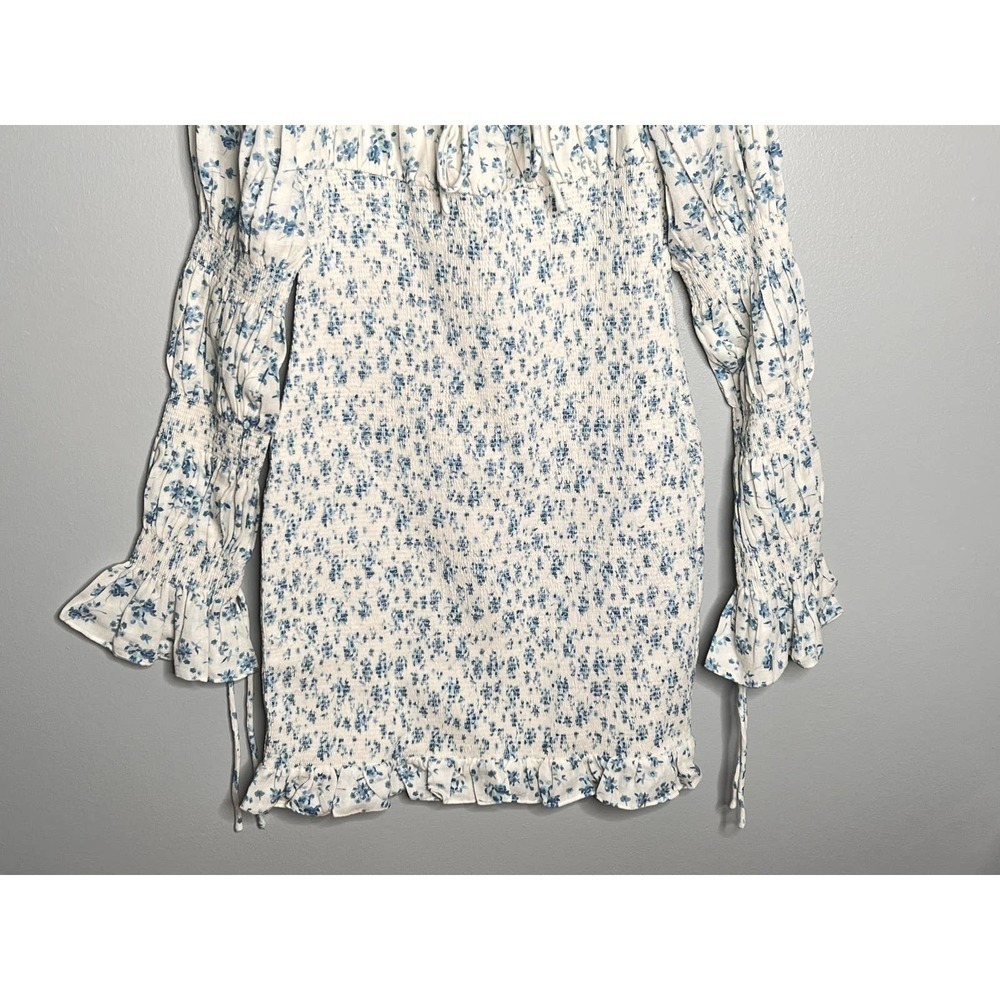 SAU LEE Betty Linen Blend Smocked Floral Mini Dress Blue/White Women's Size 8 - Picture 7 of 10